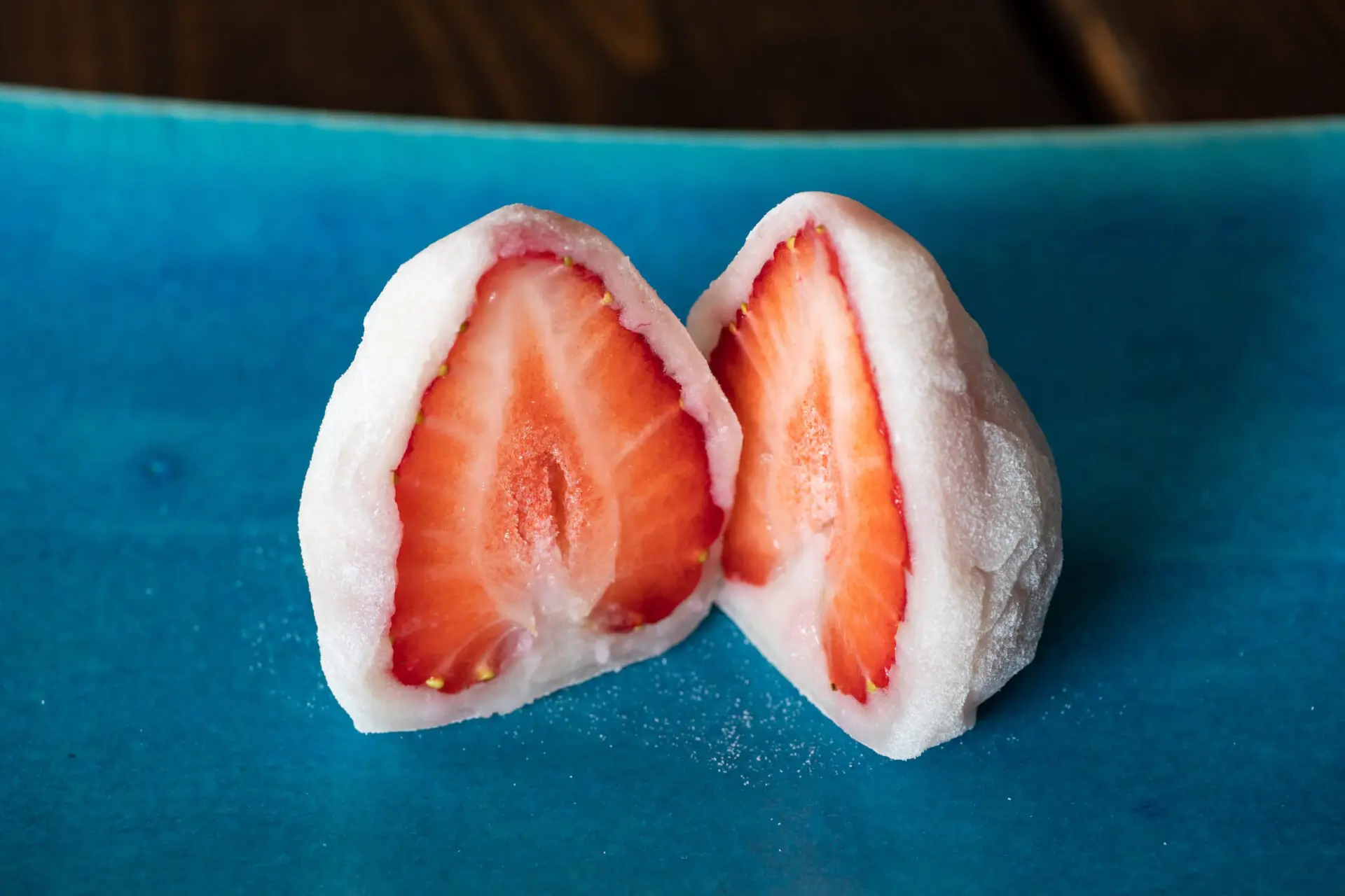 Strawberry "Fruit Daifuku". Japanese sweets with fruits wrapped in white bean paste and gyuhi.
